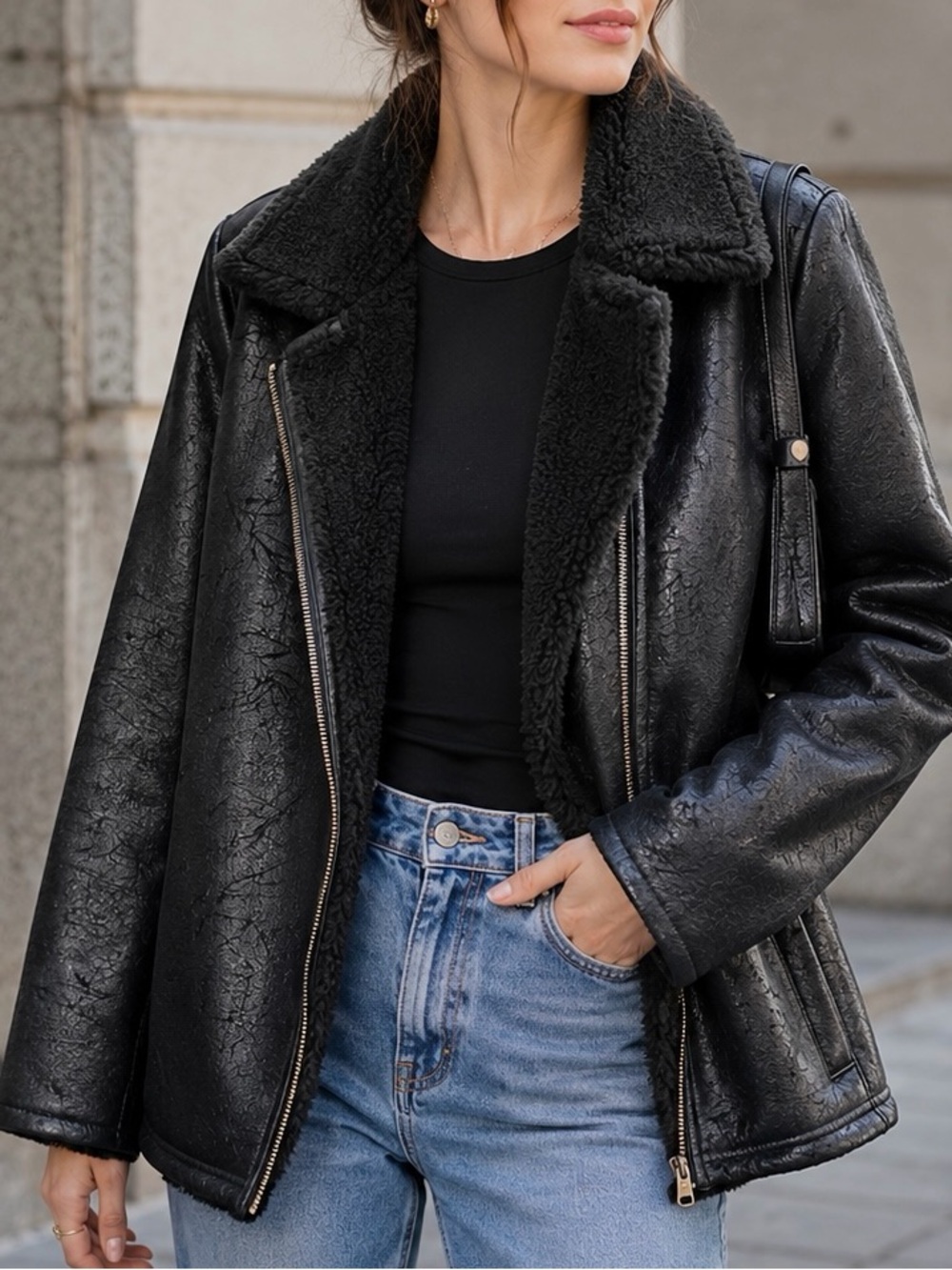 Lauren Ralph Lauren Old Money Black Faux Leather Shearling Coat Jacket Large